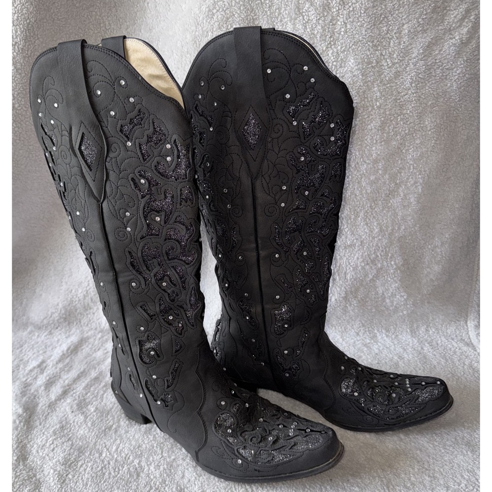 Unbranded Women Western Boots 10W Black Rhinestone Glitter Embellished